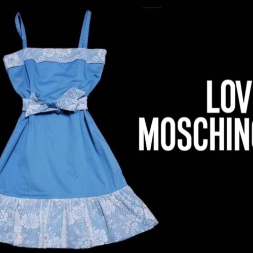 Love Moschino abito con dettagli in pizzo con cintura blu bianco taglia 4
