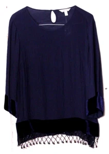 KRAZY KAT TUNIC BLOUSE ladies size L midnight blue NWT velvet and bead trim - Picture 1 of 7