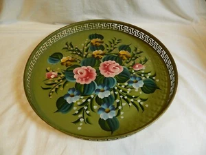 Vintage Tole Painted Round Tray Large 18" Green with Floral design - Picture 1 of 6