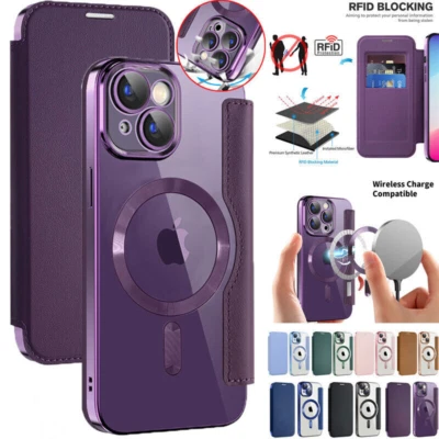 For iPhone 16 15 Plus 14 13 Pro Mag Safe Magnetic Luxury PU Leather Wallet Case - Image 1 of 4