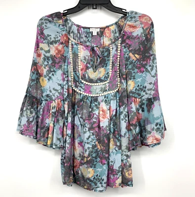 Spense Топ женщин размер маленький синий цветочный печать оборки Bell рукав блузка замочная скважина - Изображение 1 из 4