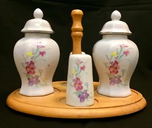 Vintage Taiwan Set of Two Porcelain Jars & Salt and Pepper Shakers Wooden Stand - Picture 1 of 9