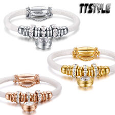 TTstyle S.Steel Swarovski Crystal Ball Beaded White Bracelet Magnet Wristband 