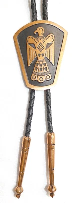 Corbata American Grabada Cobre Thunderbird Bolo, Corbata de Cuero Trenzado y Punta de Cobre Foto 1 de 4