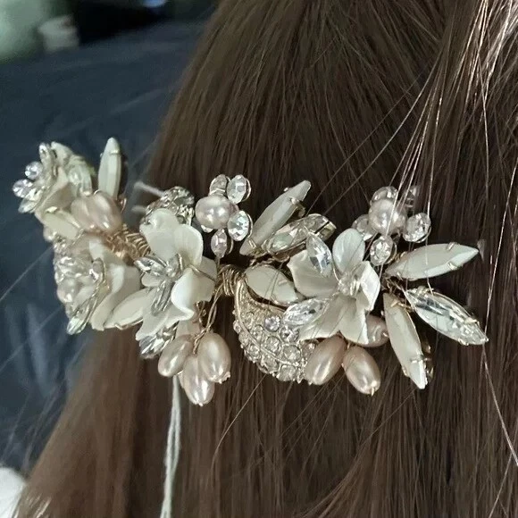 David's Bridal Arched Floral Crystal Spray Hair Clip with Gold Back - Image 1 of 1