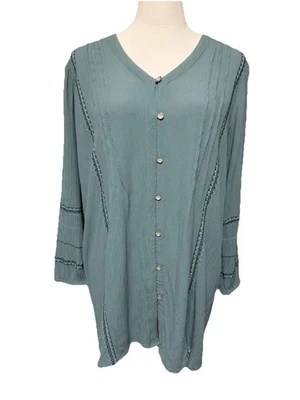J.Jill Button Up Blouse Top Tunic V-Neck 3/4 Sleeves Sz M Embroidered Boho Blue - Image 1 of 4
