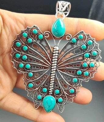 Blue Turquoise Gemstone Handmade 925 Sterling Silver Jewelry Pendant Size 3" - Image 1 of 4