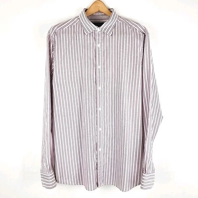 Massimo Dutti Easy Iron Italian Fabric Maroon Stripe Button Down Dress Shirt XL - Image 1 of 4