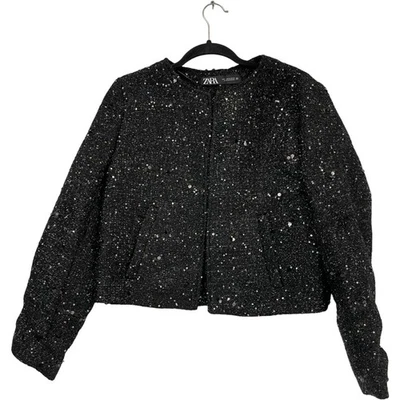 Zara Womens Sequin Blazer M Medium Jacket Black Silver Textured 9276/949 NWT - Image 1 of 4