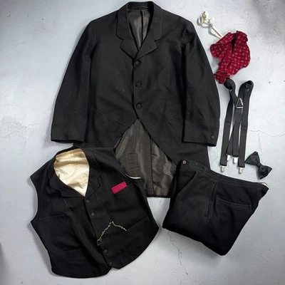 Antique 3 Pc Edwardian Morning Suit Black Wool Frock Coat Vest Pants 1890s 1900s - Image 1 of 4