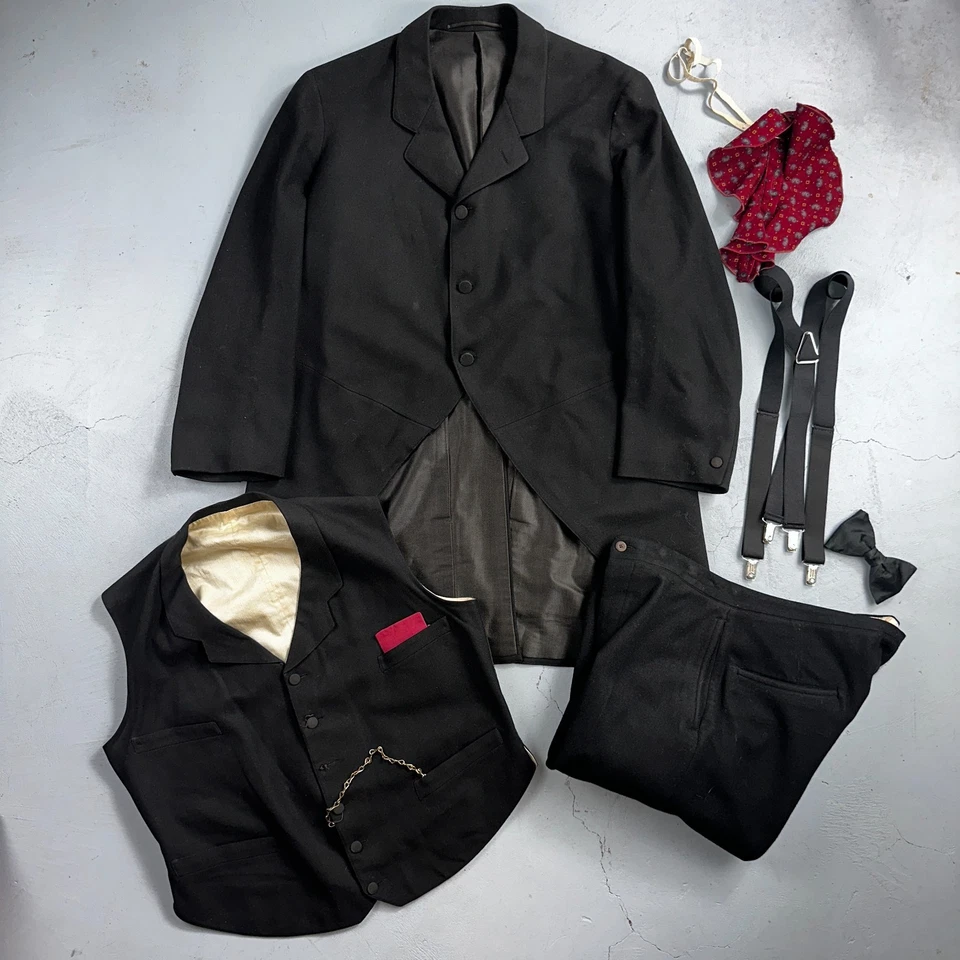 Antique 3 Pc Edwardian Morning Suit Black Wool Frock Coat Vest Pants 1890s 1900s - Image 1 of 4