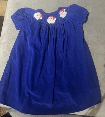 Vive Le Fete Royal Blue corduroy Christmas Santa Smocked Dress 24M short sleeve - Image 1 of 4