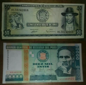 10000 Intis & 50 Soles De Oro 🇵🇪Peru Banknote Paper Money  - Picture 1 of 5
