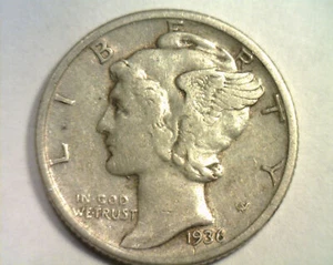 Moneda de diez centavos Mercury 1936 extra fina+ XF+ extremadamente fina+ EF+ bonita original envío 99c - Imagen 1 de 2