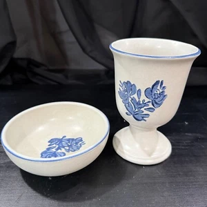 Vtg Pfaltzgraff Yorktowne USA 1990s 2-pc Blue Flower Pottery Goblet & Sm Bowl 5” - Picture 1 of 5