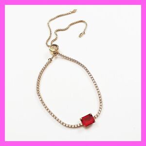 Ralph Lauren Red Zirconia Gold Slide Bracelet Adjustable Chain Red Square Stone