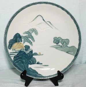 Antique Japanese Turquoise Handpainted Landscape Stoneware Plate, 8 3/4" Diam - Picture 1 of 7