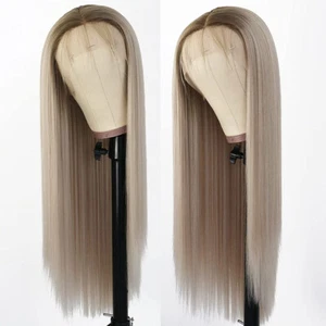 Brown Blonde Ombre Heat Resistant Synthetic Lace Front Wigs Long Straight Hair - Picture 1 of 4