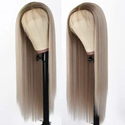 Brown Blonde Ombre Heat Resistant Synthetic Lace Front Wigs Long Straight Hair - Image 1 of 4