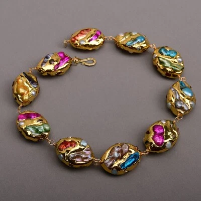 Collar de cuentas barrocas coloridas de perlas Keshi concha madre 20" joyería hecha a mano Foto 1 de 4