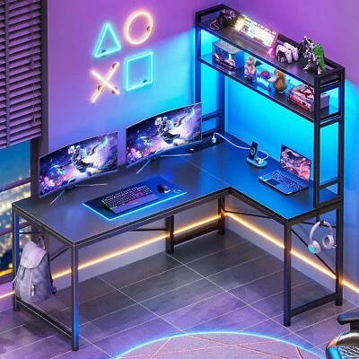 L Shaped Computer Desk with Hutch and LED Lights, Reversible Home Office Desk - Image 1 of 4
