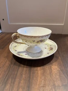 Antique Tea Cup and Saucer Germany CT - Purple And Yellow Flowers - Picture 1 of 2