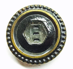 Antique Glass in Metal Waistcoat Button w/ Black Enamel Border ~ just over 9/16" - Picture 1 of 7