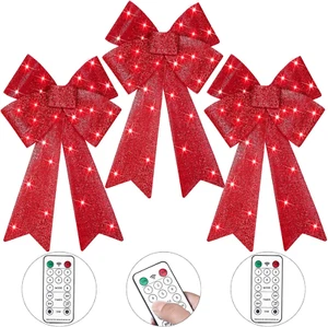 3 Pcs Pre Lit Christmas Bow Decoration LED Light Red Large Tree Bow with Timer F - Picture 1 of 7