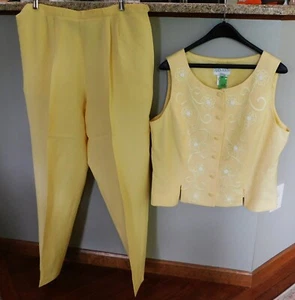 PLAZA SOUTH LINEN BLEND PANT SUIT LADIES SIZE 16/ BEADED FLOWERS ON VEST - Picture 1 of 11