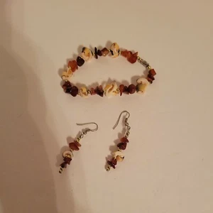 Bracelet and Earrings Set Shell And  Beads/Stones Oranges , Browns Boho 7 inches - Picture 1 of 5