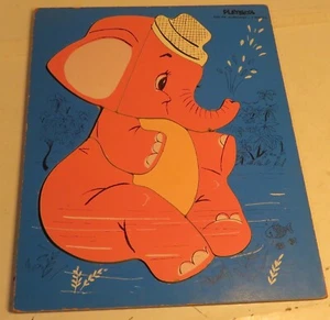 Vintage Blue Playskool 275-36 Pink Elephant Wooden Puzzle Wood Tray 7 pc Used - Picture 1 of 7