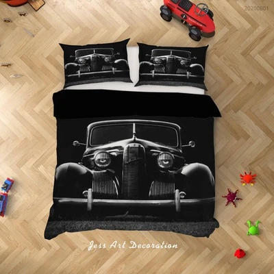 Parure de lit housse de couette ancienne voiture réaliste foncé 3D housse de couette taie d'oreiller - Photo 1/3