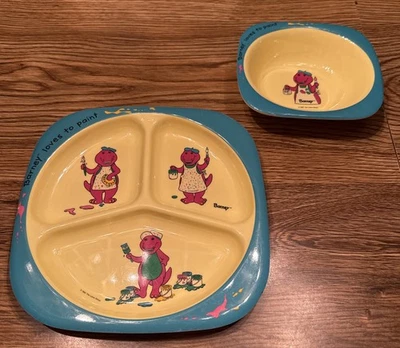 Vintage 1992 Barney The Dinosaur Loves To Paint Conjunto de Tigela de Plástico Melamina - Imagem 1 de 4