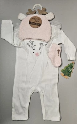 Set 3 pezzi renna bambina Chick Pea - vestito, cappello e cappello orecchio renna 3-6 mesi - Immagine 1 di 3
