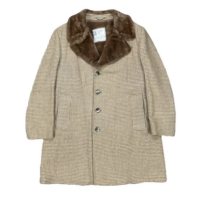 Vintage London Fog Wool Overcoat Tan Beige Faux Fur Lined Houndstooth Men's 44R - Image 1 of 4