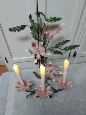 Tole Painted Flowers Wall Hanging Candle Sconce Shabby French Cottage Italy - Image 1 of 4