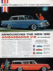 1961 Rambler Ambassador V8 Sedan & Station Wagon Original Color Print Ad - Picture 1 of 1
