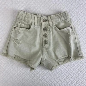 Zara Girls 7 Pale Green Wash Distressed Snap Denim High Rise Shorts 1879/603 - Picture 1 of 8