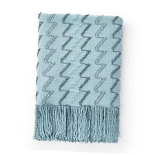 Fluffy Knitted Fringe Throw Blanket, Lightweight Soft Cozy for Bed 50"x60" Blue