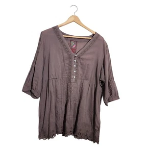 Johnny Was Size XL AU/UK 16 US 14 Shirt Brown Embroidered 3/4 Top Blouse Peasant - Picture 1 of 6