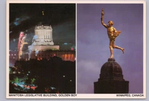 Legislative Building, Golden Boy, Winnipeg Manitoba, Chrome Split View Postcard - Picture 1 of 2