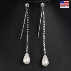 Women Elegant Pearls Earrings Crystal Double Line Tassel Gypsophila Stud 0556 - Picture 1 of 3