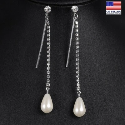 Mujeres Elegantes Pendientes Perlas Cristal Doble Línea Borla Gypsophila Stud 0556 Foto 1 de 3