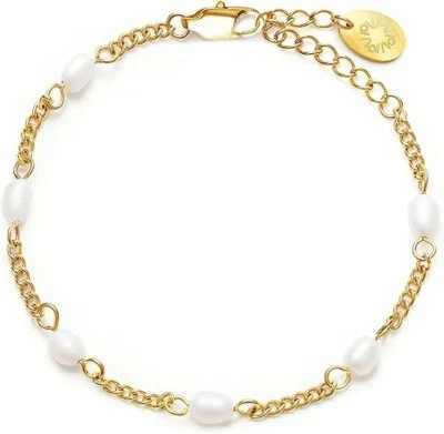 Delicate Freshwater Pearl Chain Bracelet 3-4mm Rice-Shaped Pearls 18K Gold Plate - Image 1 of 4