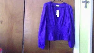 52Seven Size M Smocked Blouse Long slv V-Neck Button Up Purplish Blue Top NWT! - Picture 1 of 18