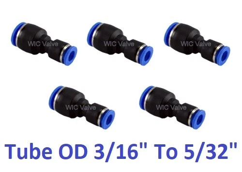 Reduced Union Hose Adapter Tube OD 3/16 To 5/32 Air Push In Fitting 5 Pieces - Image 1 of 1