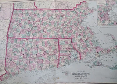 Nueva Inglaterra Massachusetts Rhode Island Connecticut Boston 1879 O.W. Mapa gris Foto 1 de 4