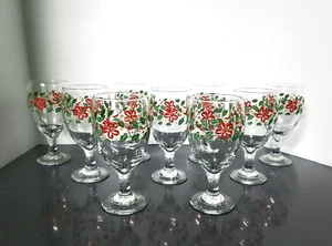 Set of 9 Christmas holly bows stars water goblets 14 ounce clear glass pedestal - Picture 1 of 5
