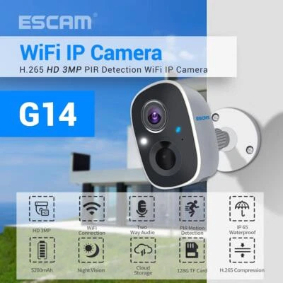 ESCAM G14 HD AI Reconocimiento Alarma PIR Almacenamiento en la Nube WiFi Cámara IP 3MP          Foto 1 de 4