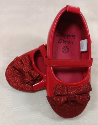 STEPPING STONES Girls Toddler SZ 5 RED PATENT LEATHER SHOES w/GLITTER TOE & BOW - Image 1 of 4